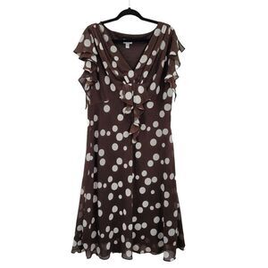 Vtg 80's Womens Dress Midi Pretty Woman Polka Dot Sheer Flutter Sleeve Brown 16‎